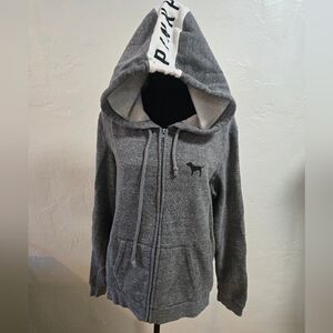 Pink Victoria Secret Full Zip Comfortable Distressed Gray Hoodie Women’s Size L